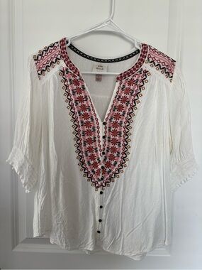 Knox Rose White Peasant Tunic with Pink & Brown Embroidery